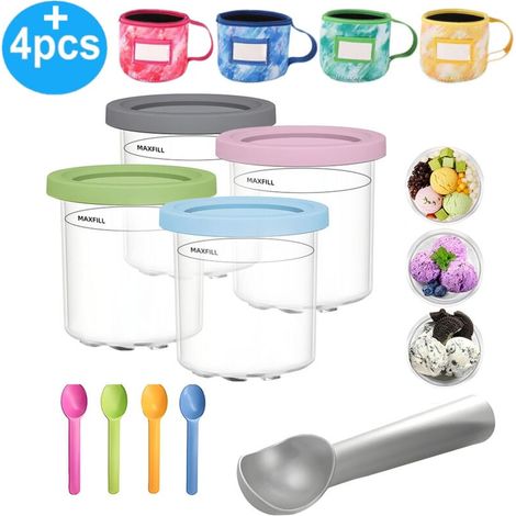 Lot de 4 gobelets à glace de 453,6 g pour crème glacée, récipient avec couvercle et 4 cuillères, avec housse de rechange en néoprène, pour sorbetière Ninja Creami, compatible avec NC301 NC300 NC299AMZ (1/5)