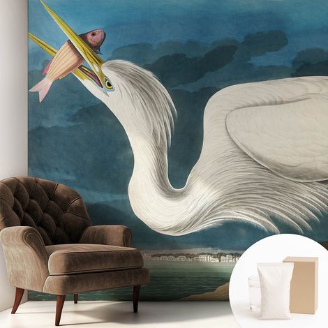 Papier peint intissé mural classique avec imprimé motifs décoratifs design élégant non‑tissé Oiseau avec un poisson 250x250 cm (1/5)