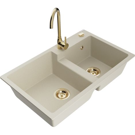 Mexen Tomas évier en granit à 2 cuves avec robinet mélangeur Telma, Beige - 6516-69-670200-50 (1/5)