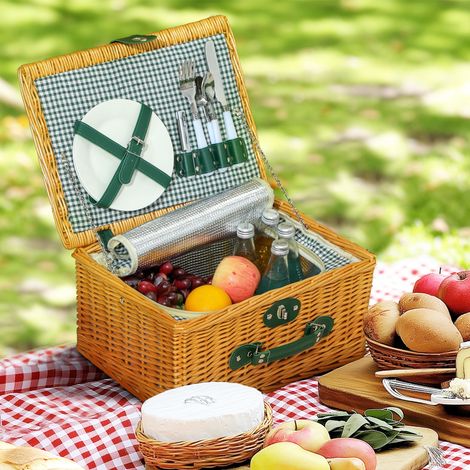 Panier pique-en osier 2 personnes zone thermique tire-bouchon brun clair - Dimensions: 40x30x20 cm