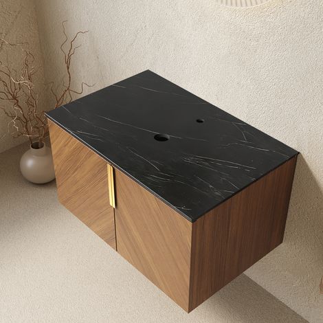Plan de travail et meuble sous-vasque ARAI 76 cm, pierre frittée noire, sans lavabo ni mitigeur ni siphon, finition chêne brun, mobilier salle de bain design (1/4)
