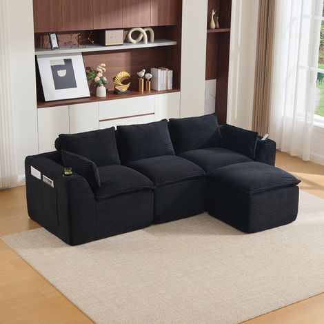Seyakany Canapé modulable d'angle en L avec porte gobelets et 2 poche latérale,canapé 3 Places avec 1 pouf,canapés a compression,velour côtelé,Noir (1/5)