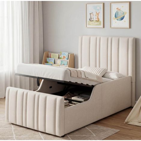 lit enfant lit rangement coffre 90x200 lin beige OKMYHOME (1/4)