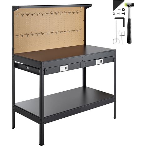 Mophorn Banco de trabajo de madera 1500 x 610 x 1200 mm, capacidad de 110 kg, mesa con panel perforado, luz LED, 4 enchufes, cable de 1,5 m, 30 ganchos y cajón, ideal para talleres y garajes