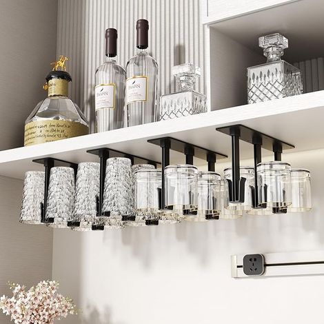 Support verre a pied suspendu, porte-verres à vin, sans perçage, installation sous armoire, pour salle à manger, cuisine et bar (Noir) (1/5)