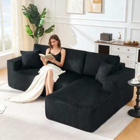 Vollkomprimiertes L-Form-Sofa aus Cordstoff, 2-Personen-Sitzgruppe + Chaiselongue-Ecke, modulares Ecksofa mit weichem Hochdichtschaumpolster,geeignet für Wohnzimmer,Mietwohnung und Apartment,Black