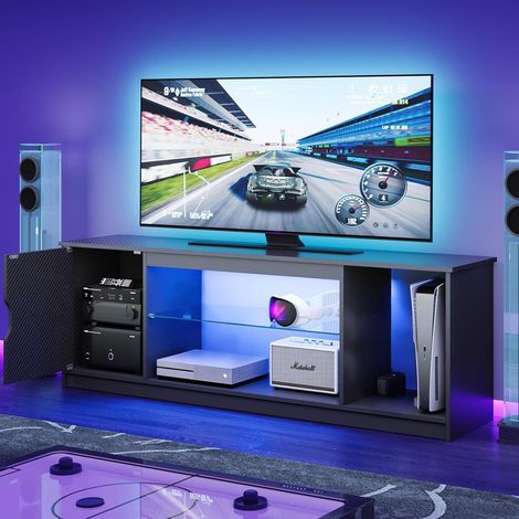 Support TV LED 145 cm pour TV de 55/60/65" avec Armoire pour PS5, Moderne, avec étagères en Verre réglables, pour Salon, Chambre à Coucher, Fibre de Carbone Noire (1/5)
