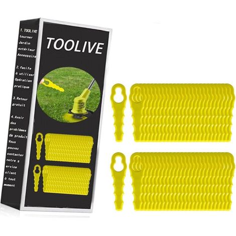 – Packung mit 100 Ersatzmessern für Ryobi Rasentrimmer – Doppelt gezahnte Messerköpfe RAC155, RAC157, RAC158 – Robuster Kunststoff, 67 mm (1/5)