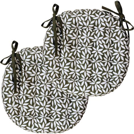Lot de 2 Galettes de Chaise Rondes Bicolores D.40cm, Kaki imprimé/uni (1/5)