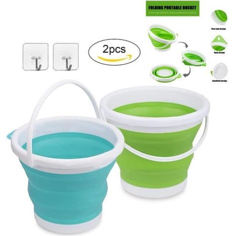 Seau Pliable,5L Ronde Bassine Retractable,avec Accroche Adhesif pour Camping,Pêche,Randonnée,Nettoyage,Menage (Vert/Bleu 2pcs) (1/4)