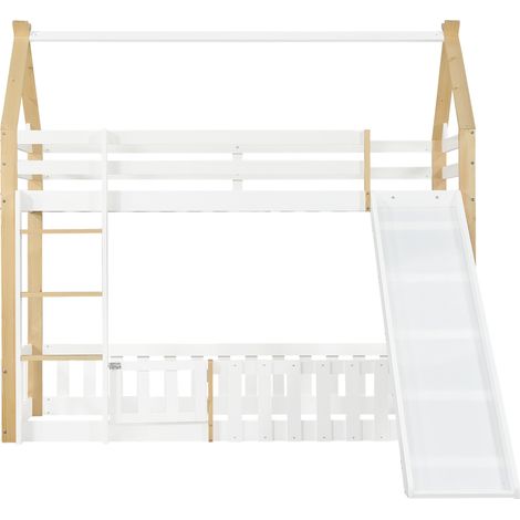 Letto a soppalco per bambini con scivolo, tetto, scala e barriere, 90 x 200 cm, bianco naturale (1/5)