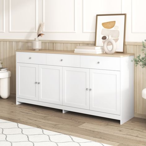 Buffet blanc aspect bois, 4 portes, 3 tiroirs, meuble de salon et salle à manger, finition bois clair et blanc. (1/5)