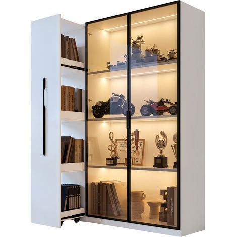 Vitrine mit Glastür und LED, mit Großem Seitenauszug, Modernes Design, aus MDF, Weiß, 110,5×35×160 cm (1/5)