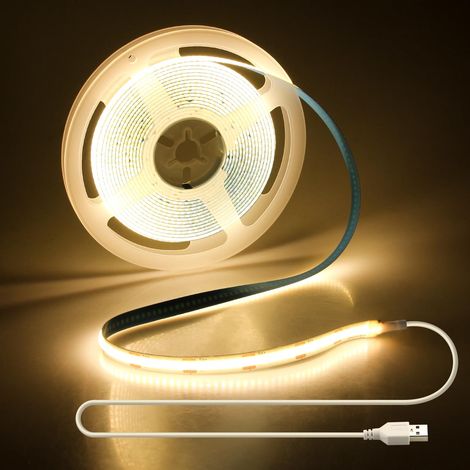 Bande LED COB - 4 m - Blanc chaud - 3000 K - 5 V - Rétroéclairage TV USB - Avec autocollant - Découpable - Pour dessous des armoires de cuisine, ordinateur, lit, armoire - 320 LED (1/5)