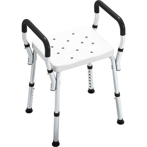 Chaise de douche blanche avec accoudoirs, réglable de 57 à 69 cm, siège antidérapant en HDPE, cadre en aluminium, charge 150 kg (1/5)