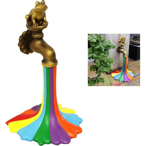 Fuente decorativa de resina con motivo de rana y arcoíris, dimensiones 11,5 x 10 x 19 cm, escultura artesanal para terraza y jardín. (1/5)