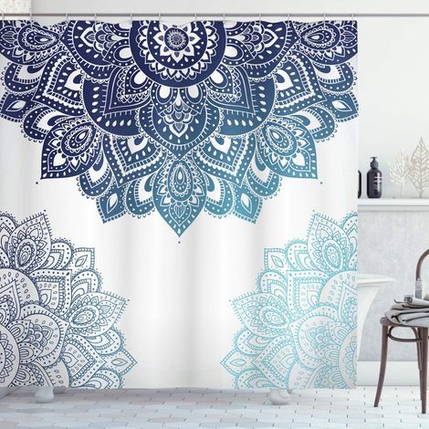 Shower Curtain, Vibrant Colorful Mandala, Fabric Bathroom Decor Set with Hooks, 180x200 cm, Light Blue Dark Blue (1/4)