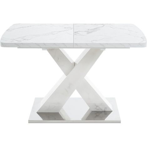 Mesa de comedor rectangular con tablero extensible y patas en X, de MDF y acero, 120×80×76.5 cm, Blanco (1/5)