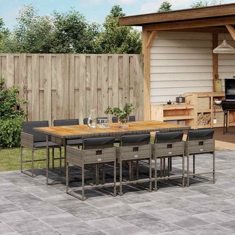 Salon de jardin 9 pièces en résine tressée, table 220 x 106 cm, coussins gris - PANGIVO (1/5)