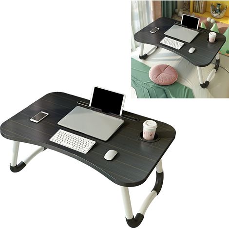 Table d'ordinateur portable pliante noire, table de lit pliante avec porte-gobelet, idéale pour les étudiants en résidence universitaire ou les enfants, rayures noires et dorées. (1/5)