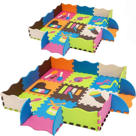 COSTWAY Puzzlematte 50 Stück mit Zaun, Bodenspielmatte mit abnehmbaren Musikinstrumentenmustern, Kinderteppich für Baby und Kinder, Spielteppich Eva, Krabbelmatte schadstofffrei