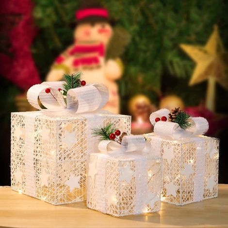 Boîte Cadeau Noël - Boîte Décorative Étoile avec Guirlande Lumineuse - Cadre en Fer avec Revêtement Textile et Plastique - Lot de 3 Tailles (1/5)