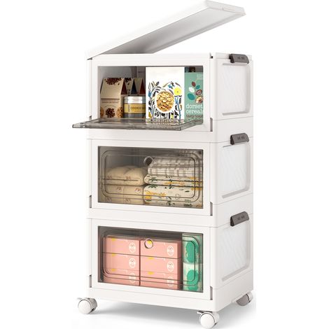 Lot de 3 Bacs de Rangement Empilables, Boîtes de Rangement Pliables de 75 L avec Roues, Porte, Couvercle, Conteneur en Plastique Pliable