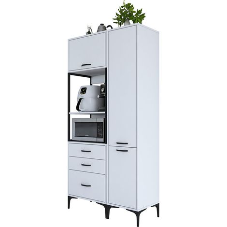 Credenza Lotzorai, Madia 8 Ripiani, 3 Cassetti, 2 Ante, 100x40x199h cm Bianco