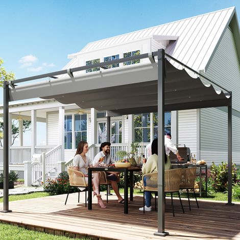 Pergola Rétractable Coulissante 3x3m - Tonnelle Jardin, Fixation Magnétique, Tissu Polyester Haute Densité, Gris