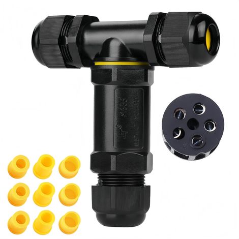 Connecteur de câble étanche 5 broches en forme de T M25 IP68 étanche 3 voies 4-14 mm de diamètre de câble Borne de connexion à vis pour extérieur Boîte de jonction Noir (1/5)