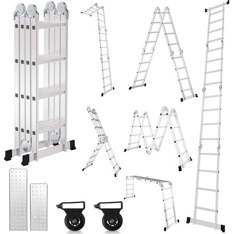 TolleTour Escalera articulada multiusos 7 en 1 de aluminio, 4x3 peldaños, aprox. 360 cm / 3,6 m, plegable, 2 plataformas + 2 ruedas, carga máxima 150 kg (1/5)