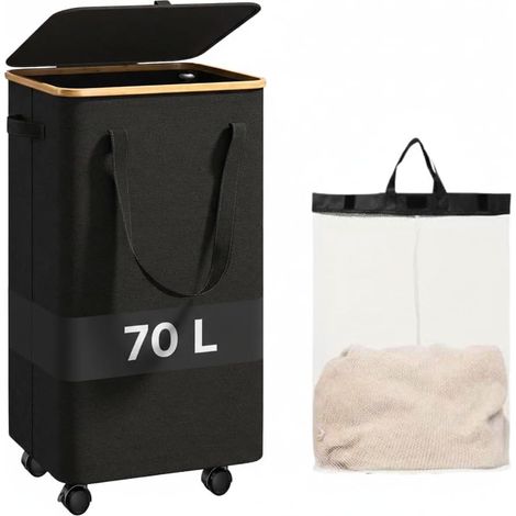 Panier à Linge avec Roulettes et Couvercle 70L, Grande Corbeille à Linge Pliable avec Sac Intérieur Amovible et Poignées, Idéal pour Salle de Bain, Chambre et Buanderie (1/5)