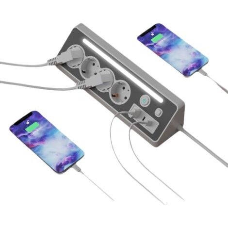 Multiprise avec Éclairage LED et Interrupteurs USB, Prise Multiple avec Contrôle Individuel et Matériau Ignifuge, Station de Recharge avec Voyant Lumineux