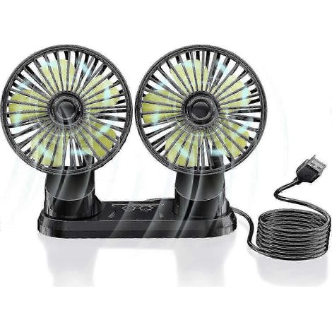 Ventilateur de voiture portable USB à double tête 12 V avec rotation à 360 degrés et 3 vitesses puissantes (1/5)