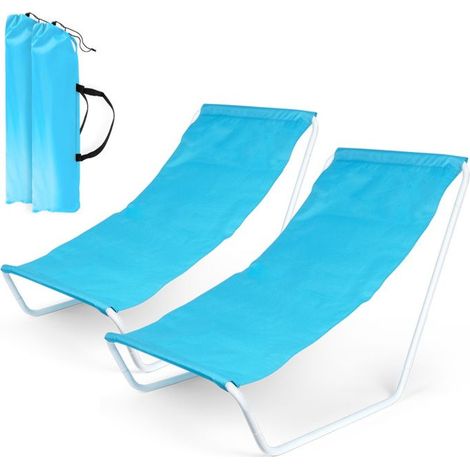 Lot de 2 bains de soleil pliantes VILDE - Structure métallique blanche, tissu polyester bleu, sac de transport inclus (1/5)