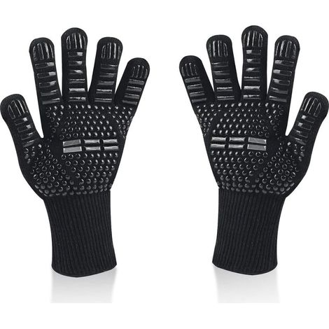 Gants universels pour barbecue, résistants à la chaleur jusqu'à 800 °C, antidérapants, ignifugés, en silicone, avec protection des avant-bras, pour barbecue, four et cheminée (noir) (1/5)