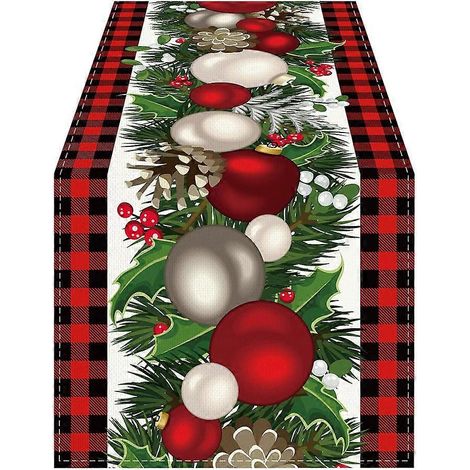 Chemin de table de Noël en lin à carreaux rouges et noirs, 183 cm de long, décoration de table hivernale et de Noël (1/5)