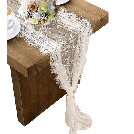 Dos caminos de mesa de encaje blanco, 75 x 300 cm, bordados al estilo bohemio, Caminos de mesa vintage de estilo rústico (1/5)