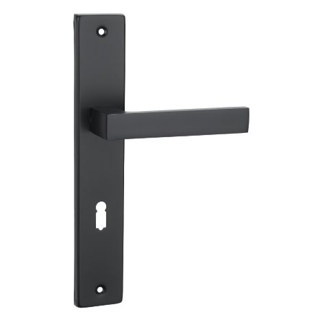 Poignée de porte Domino Qubik sur une longue plaque avec trou de serrure, noire, entraxe 72 mm