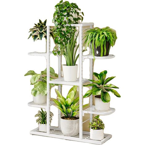 Soporte para plantas de hierro forjado, 5 niveles, capacidad para 9-12 macetas, para uso interior y exterior, patas ajustables. (1/5)