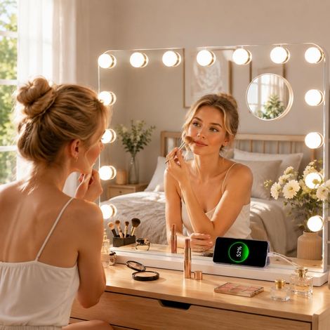 58x46cm Hollywood Vanity Mirror,Light Up Makeup Mirror with 15 LED Dimmable Bulbs, 3 Color Lighting Modes, Touch Control 10X Magnifying Tabletop and Wall Mounted Makeup Mirror for Bedroom (1/5)