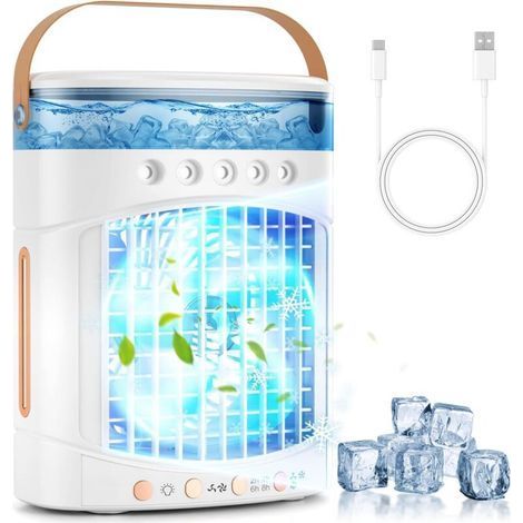Climatiseur portable 4 en 1 avec réservoir d'eau de 700 ml, 2 vitesses et 7 couleurs de lumière LED – mini climatiseur évaporatif pour le camping, le bureau, la chambre et la voiture (1/4)