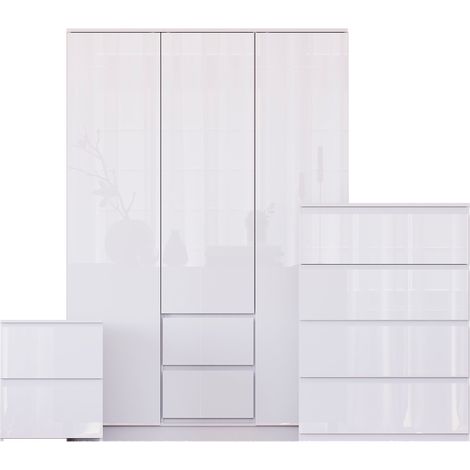 Glinton 3 Piece Bedroom Set (2 Drw Bedside, 4 Drw Chest, 3 Door 2 Drw Wardrobe), White (100% FSC) (1/4)