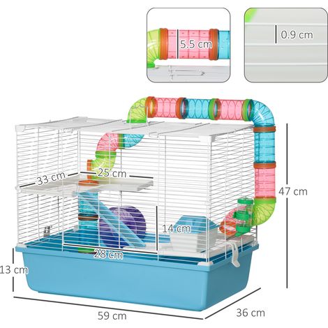 Cage à hamster à 3 niveaux avec tubes. maison. réservoir d'eau et roue. 59 x 36 x 47 cm (1/5)