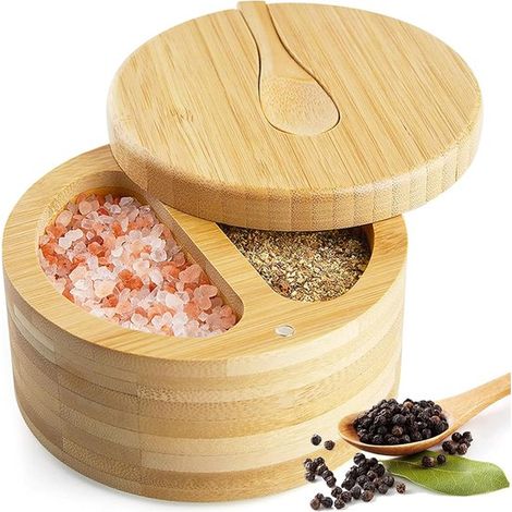 Salero de bambú con tapa magnética de rosca, especiero redondo con tapa y cuchara para hierbas, sal, pimienta, té y azúcar (2 compartimentos).