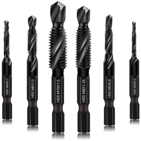 Lot de 6 forets et tarauds combinés - Outils de taraudage - Tailles M3 x 0,5 M4 x 0,7 M5 x 0,8 M6 x 1,0 M8 x 1,25 M10 x 1,5 avec revêtement noir antirouille, tige hexagonale de 6 mm et étui de (1/4)