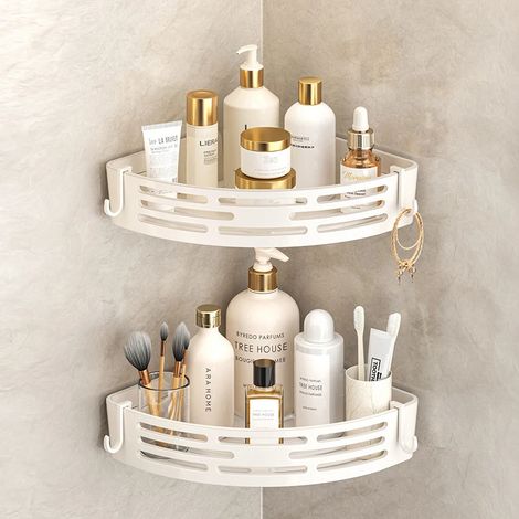 (Blanc) Étagère d'angle moderne pour salle de bain, auto-adhésive, idéale pour ranger cosmétiques et produits de toilette. Cadeau parfait pour la Saint-Valentin. Décoration intérieure. (1/5)