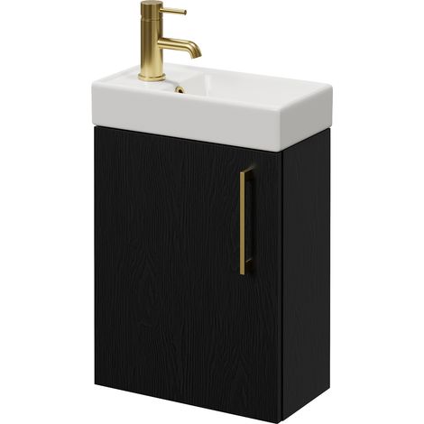 Napoli Cube Nero Oak 400mm Wall Mounted Single Door Vanity Unit with Align Basin - 400mm - Brushed Brass 160mm Handle