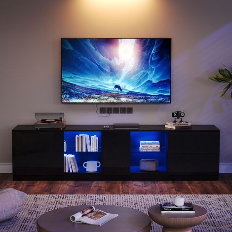 Meuble TV 160 x 40 x 52 cm, commode brillante, buffets avec éclairage LED, meubles bas adaptés aux téléviseurs 65 pouces, convient pour le salon et la chambre à coucher, noir (1/5)