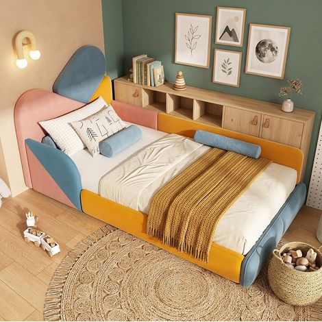 Letto imbottito per bambini 90x200 cm, design patchwork, sponde laterali rialzate, velluto blu multicolore (1/5)